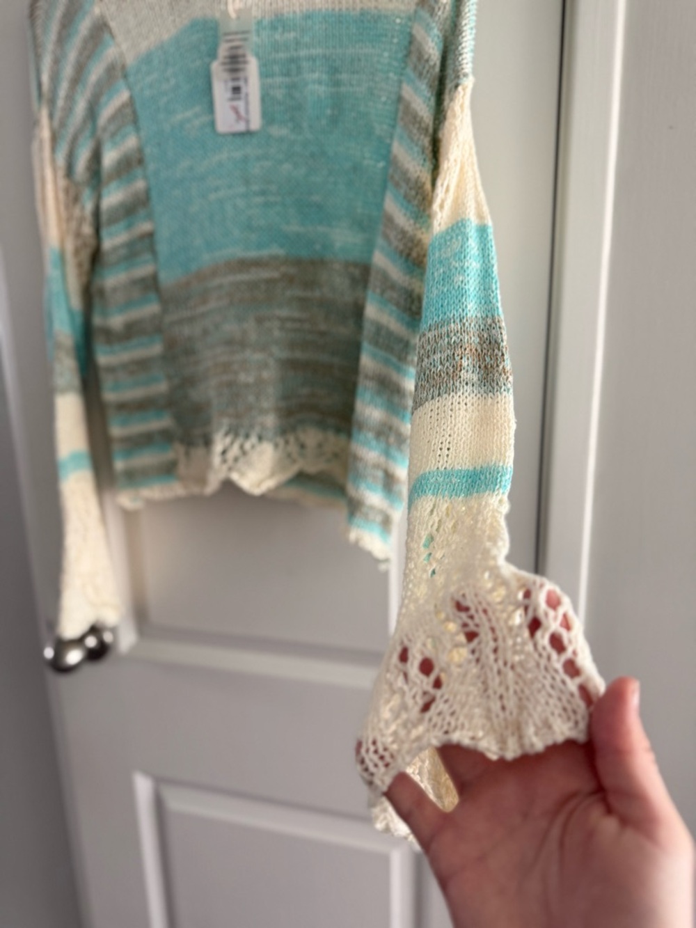 Mystree Cream & Aqua Striped Knit Sweater Coastal Cowgirl Beach Vacation - Picture 2 of 7